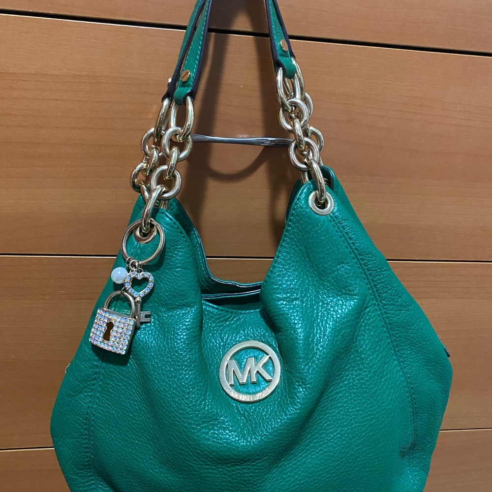 Michael Kors Emerald Green Shoulder Bag with Gold Accents